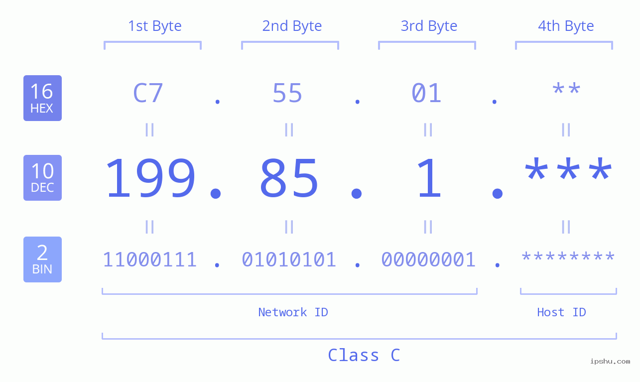IP Address: 199.85.1 Data Structure Chart BIN DEC HEX IPv4: 199.85.1 Network Class, Net ID, Host ID