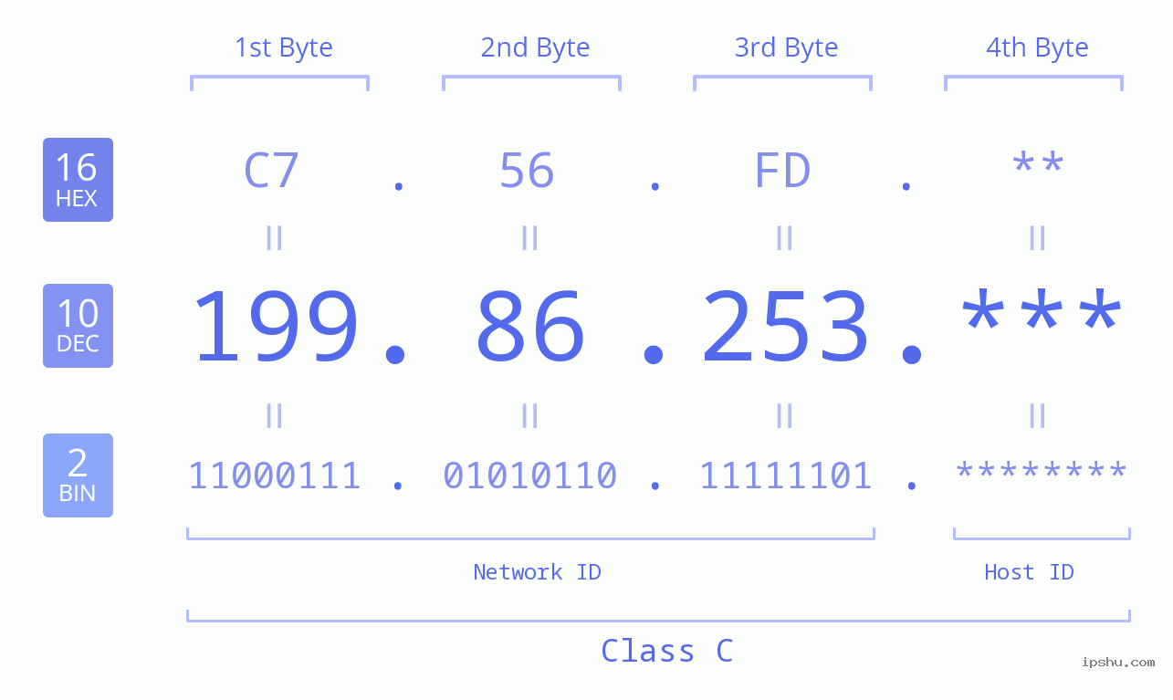 IP Address: 199.86.253 Data Structure Chart BIN DEC HEX IPv4: 199.86.253 Network Class, Net ID, Host ID