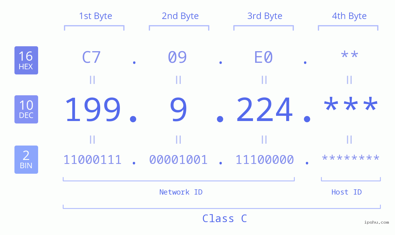 IP Address: 199.9.224 Data Structure Chart BIN DEC HEX IPv4: 199.9.224 Network Class, Net ID, Host ID