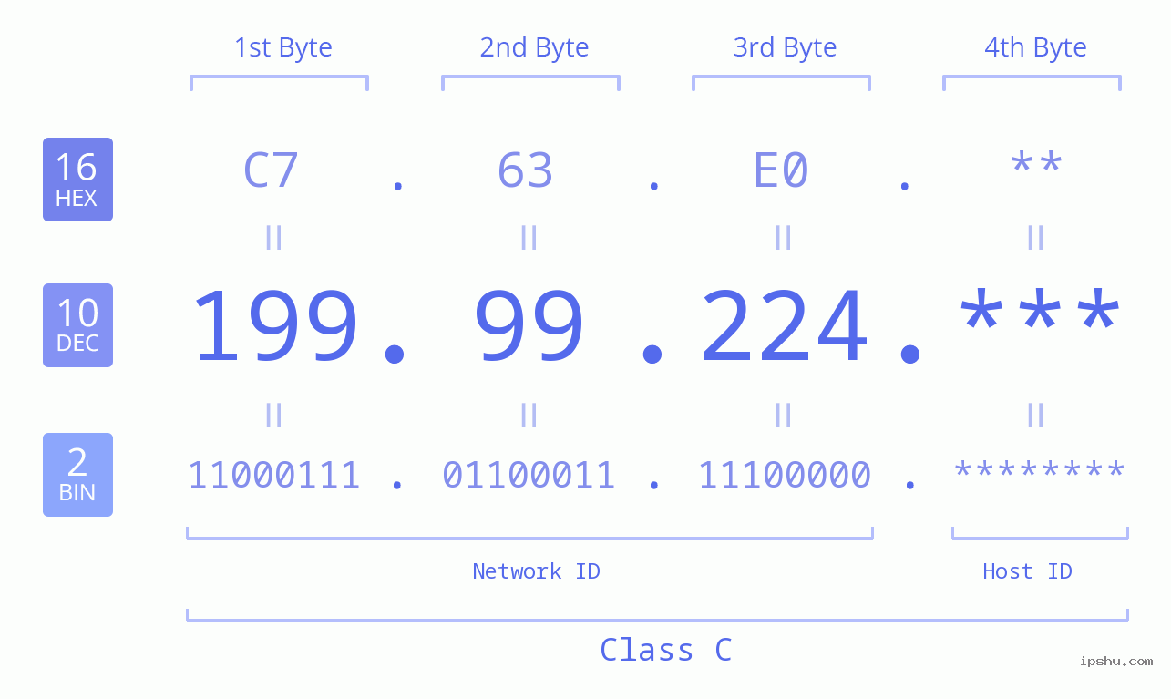 IP Address: 199.99.224 Data Structure Chart BIN DEC HEX IPv4: 199.99.224 Network Class, Net ID, Host ID