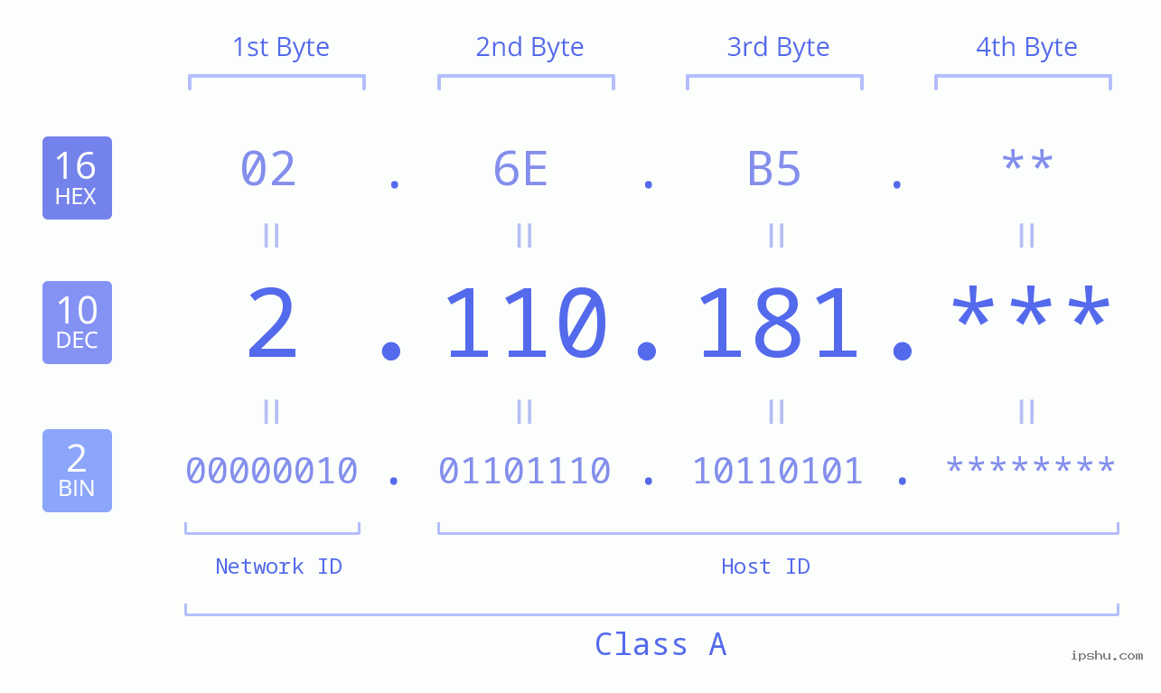 IP Address: 2.110.181 Data Structure Chart BIN DEC HEX IPv4: 2.110.181 Network Class, Net ID, Host ID