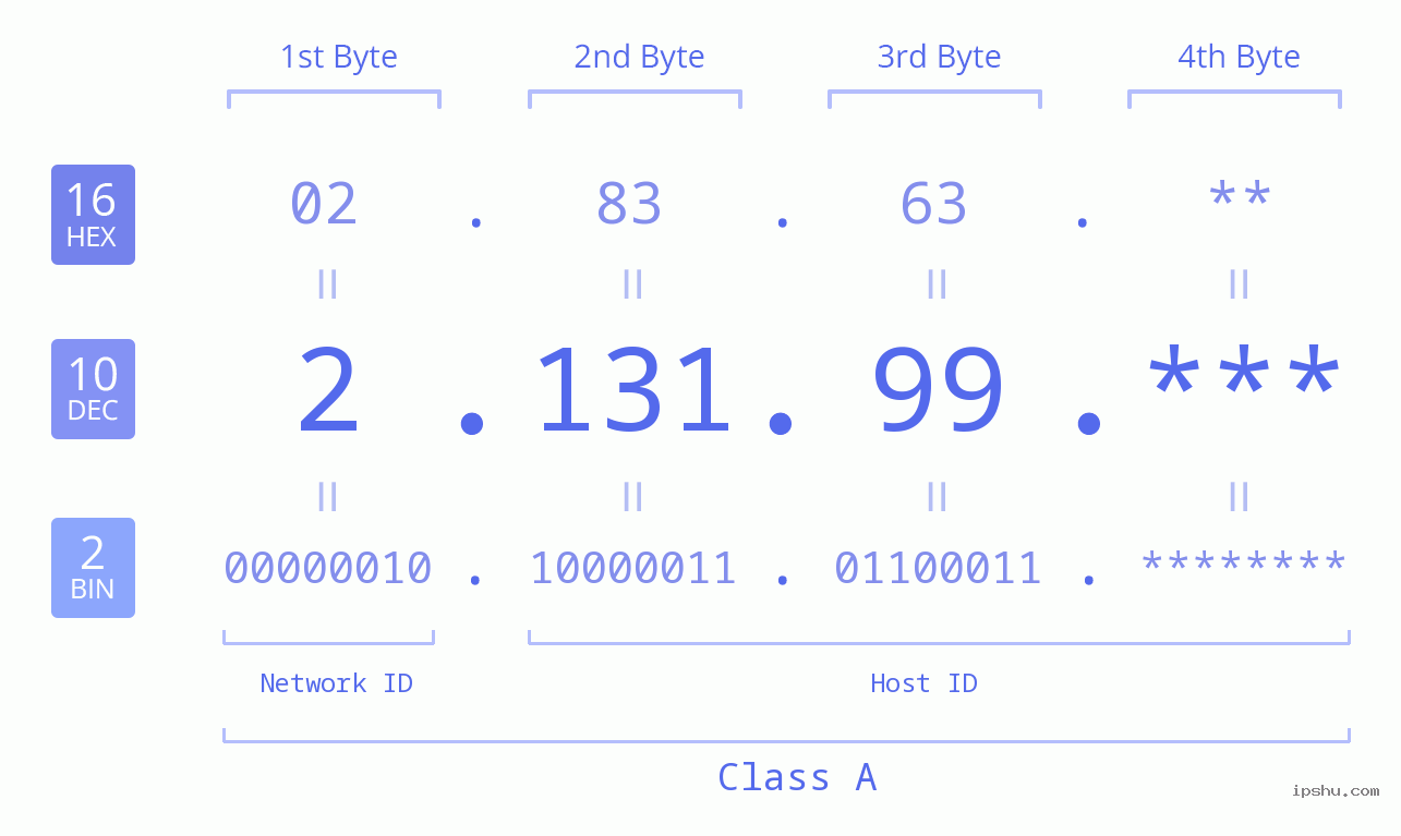 IP Address: 2.131.99 Data Structure Chart BIN DEC HEX IPv4: 2.131.99 Network Class, Net ID, Host ID