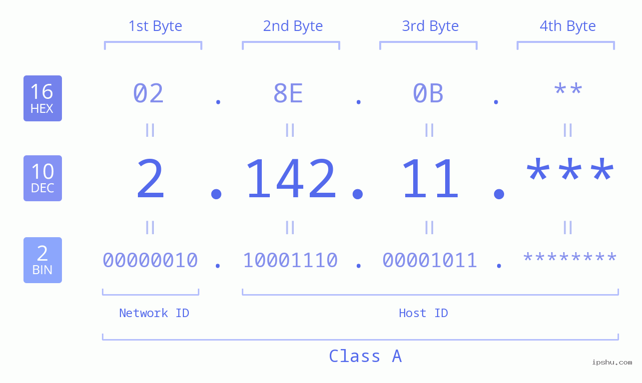 IP Address: 2.142.11 Data Structure Chart BIN DEC HEX IPv4: 2.142.11 Network Class, Net ID, Host ID