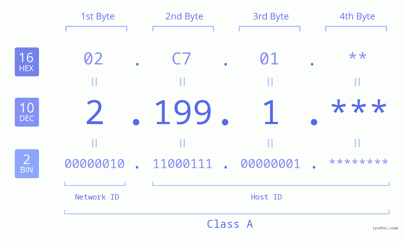IP Address: 2.199.1 Data Structure Chart BIN DEC HEX IPv4: 2.199.1 Network Class, Net ID, Host ID