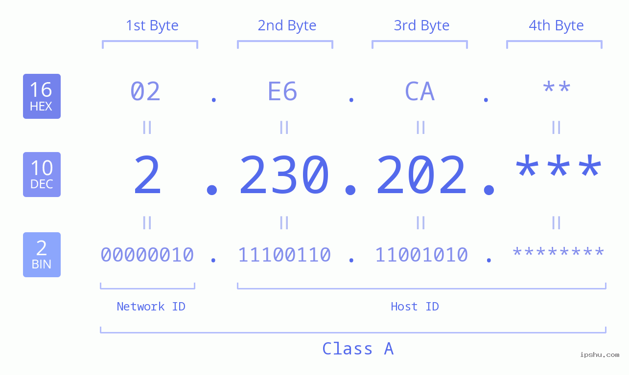 IP Address: 2.230.202 Data Structure Chart BIN DEC HEX IPv4: 2.230.202 Network Class, Net ID, Host ID
