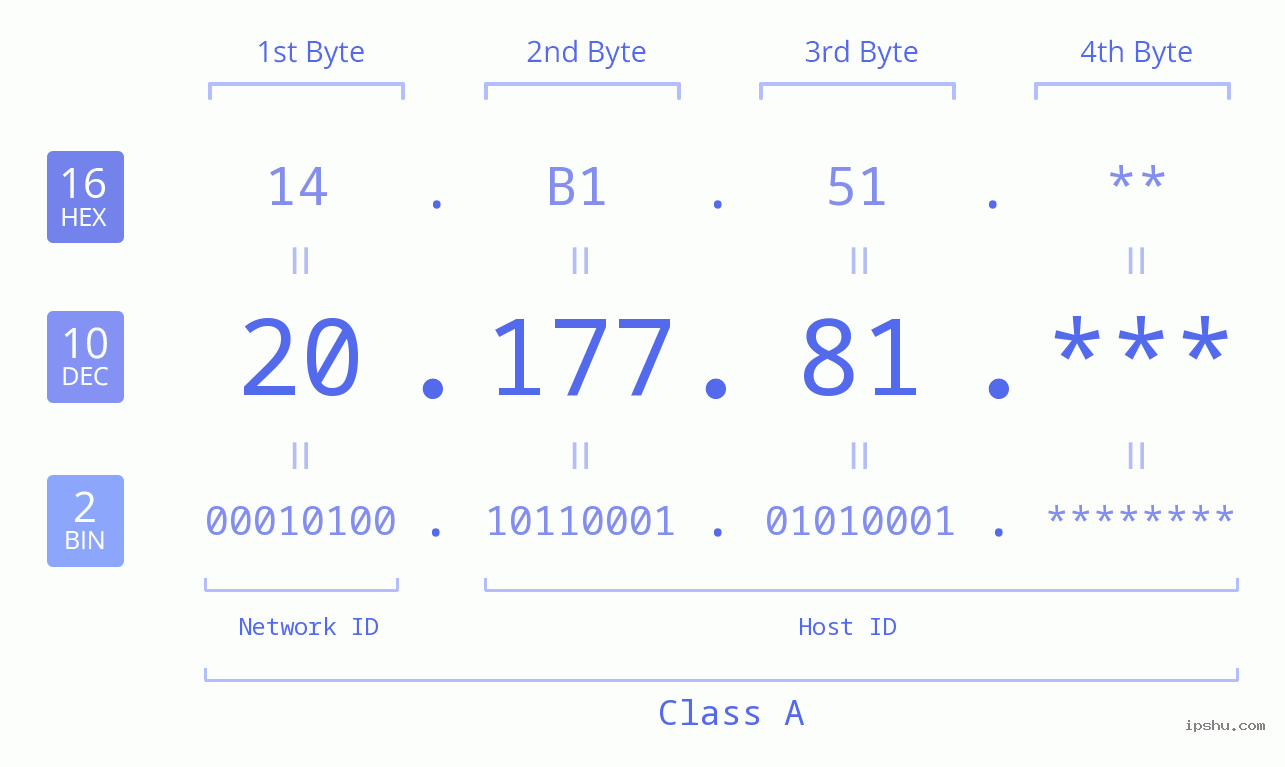 IP Address: 20.177.81 Data Structure Chart BIN DEC HEX IPv4: 20.177.81 Network Class, Net ID, Host ID