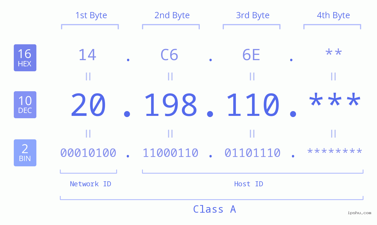 IP Address: 20.198.110 Data Structure Chart BIN DEC HEX IPv4: 20.198.110 Network Class, Net ID, Host ID