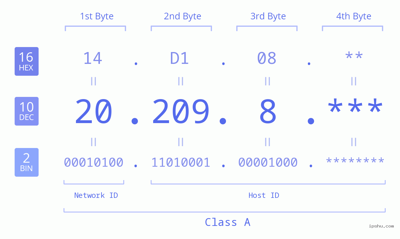IP Address: 20.209.8 Data Structure Chart BIN DEC HEX IPv4: 20.209.8 Network Class, Net ID, Host ID