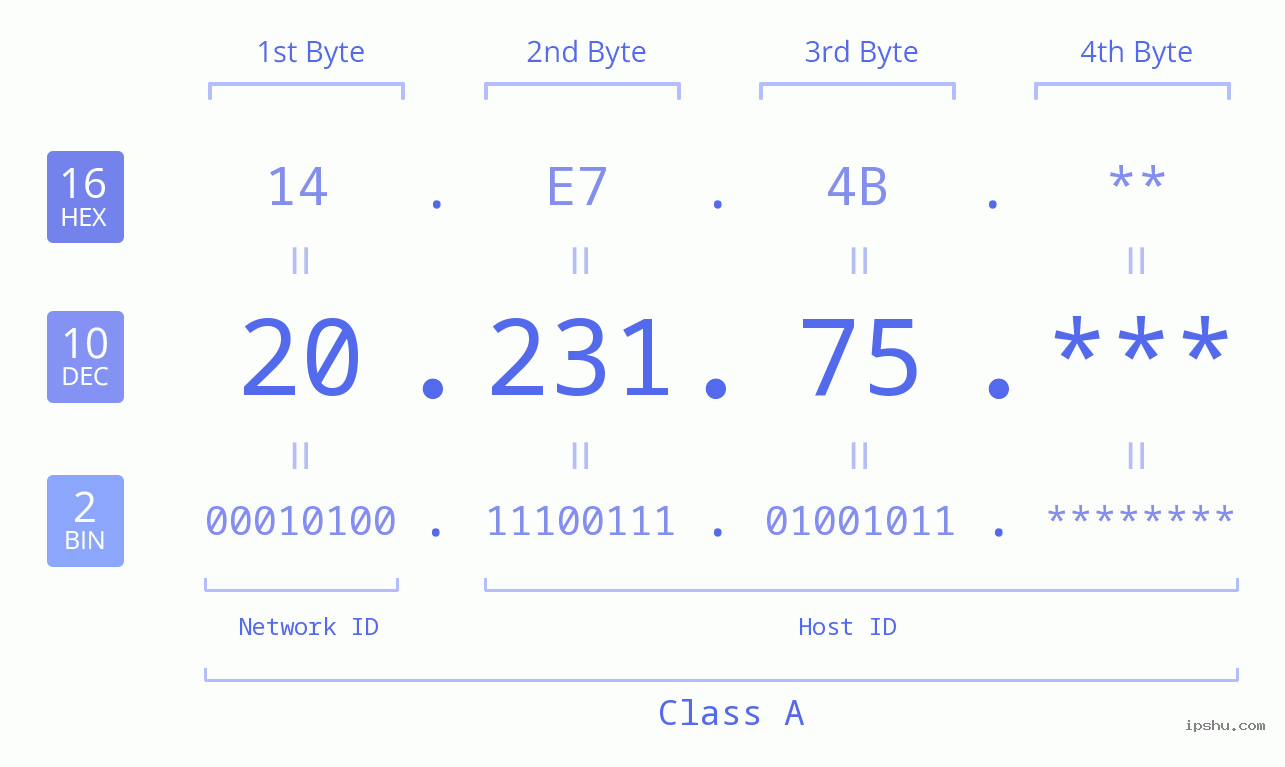 IP Address: 20.231.75 Data Structure Chart BIN DEC HEX IPv4: 20.231.75 Network Class, Net ID, Host ID