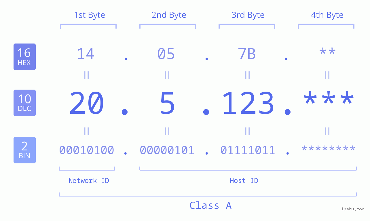 IP Address: 20.5.123 Data Structure Chart BIN DEC HEX IPv4: 20.5.123 Network Class, Net ID, Host ID