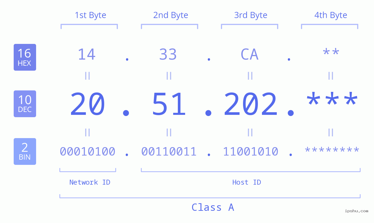 IP Address: 20.51.202 Data Structure Chart BIN DEC HEX IPv4: 20.51.202 Network Class, Net ID, Host ID