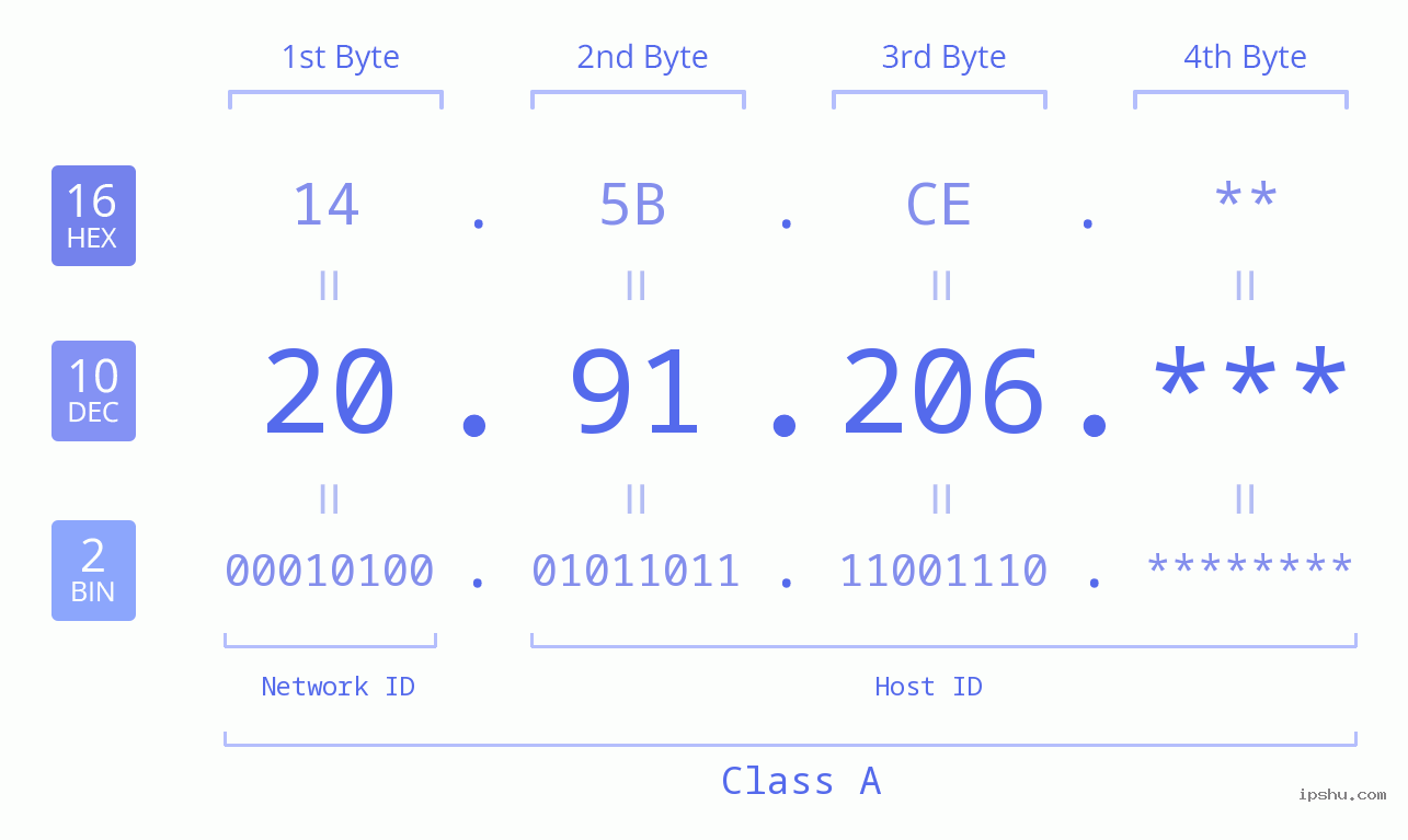 IP Address: 20.91.206 Data Structure Chart BIN DEC HEX IPv4: 20.91.206 Network Class, Net ID, Host ID
