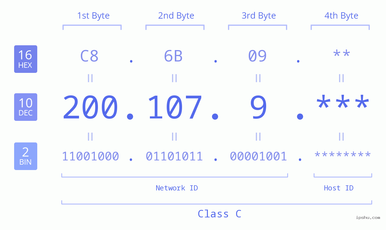 IP Address: 200.107.9 Data Structure Chart BIN DEC HEX IPv4: 200.107.9 Network Class, Net ID, Host ID