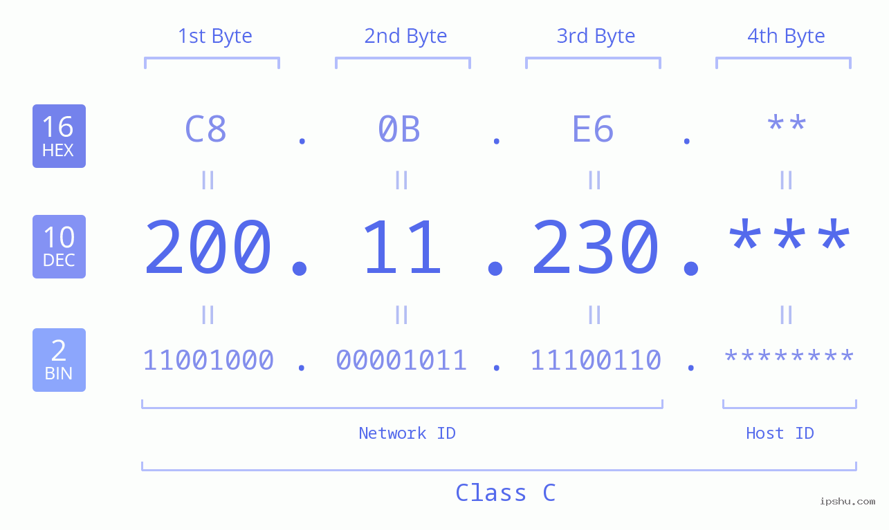 IP Address: 200.11.230 Data Structure Chart BIN DEC HEX IPv4: 200.11.230 Network Class, Net ID, Host ID
