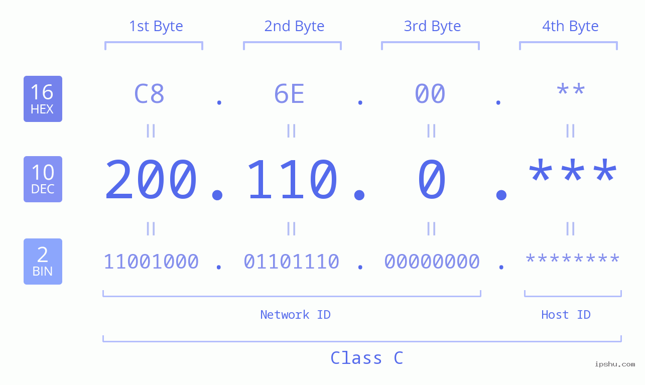 IP Address: 200.110.0 Data Structure Chart BIN DEC HEX IPv4: 200.110.0 Network Class, Net ID, Host ID