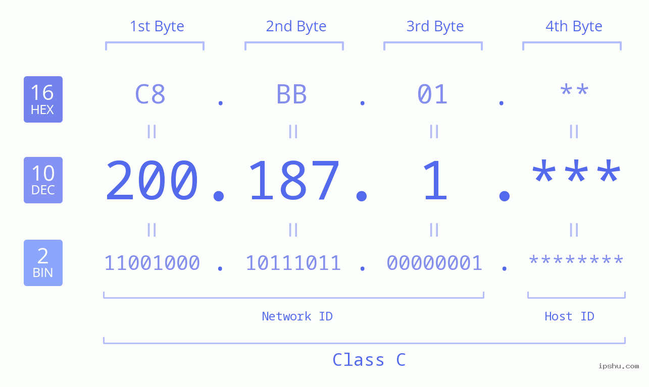 IP Address: 200.187.1 Data Structure Chart BIN DEC HEX IPv4: 200.187.1 Network Class, Net ID, Host ID