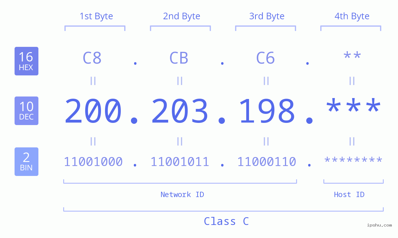 IP Address: 200.203.198 Data Structure Chart BIN DEC HEX IPv4: 200.203.198 Network Class, Net ID, Host ID