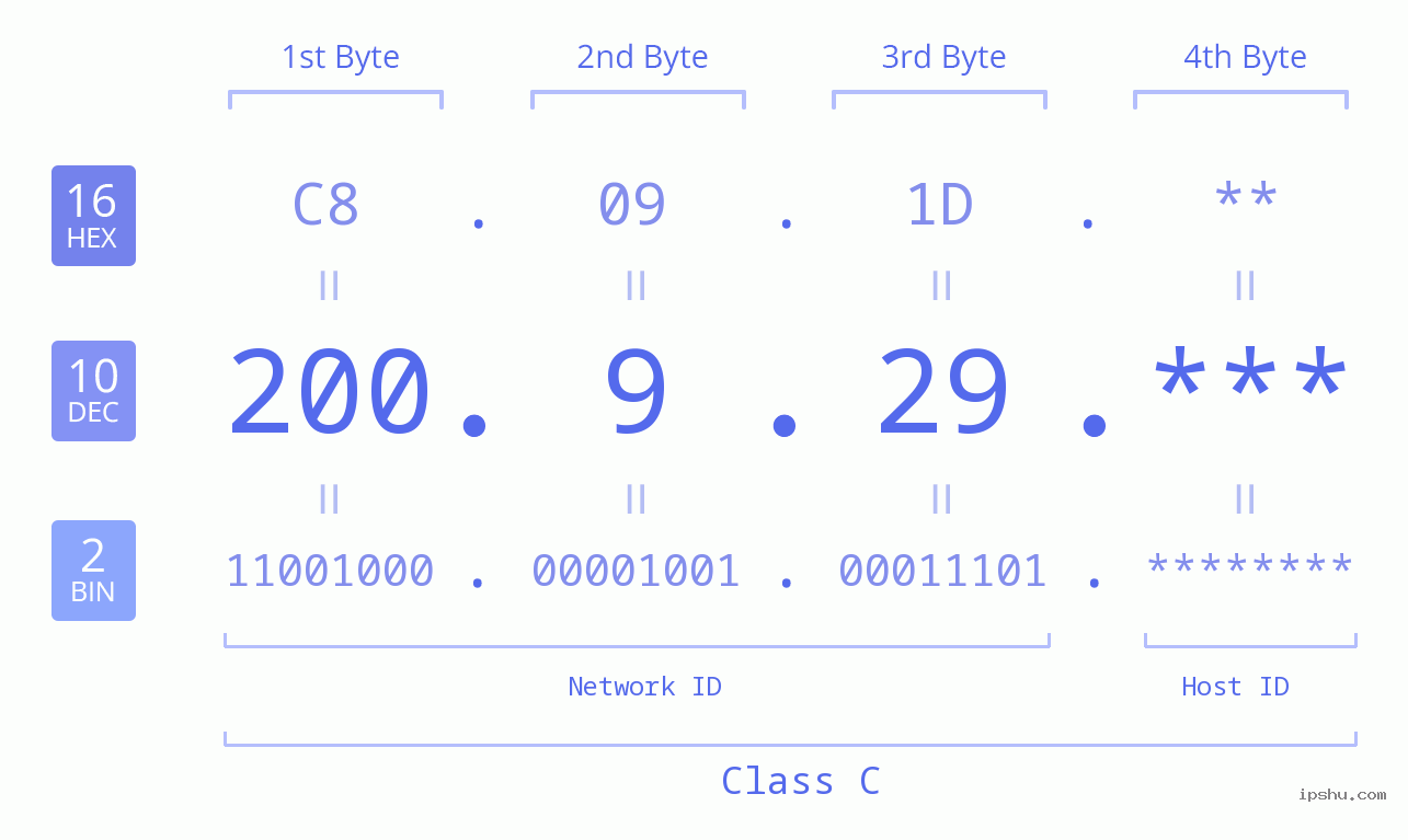 IP Address: 200.9.29 Data Structure Chart BIN DEC HEX IPv4: 200.9.29 Network Class, Net ID, Host ID