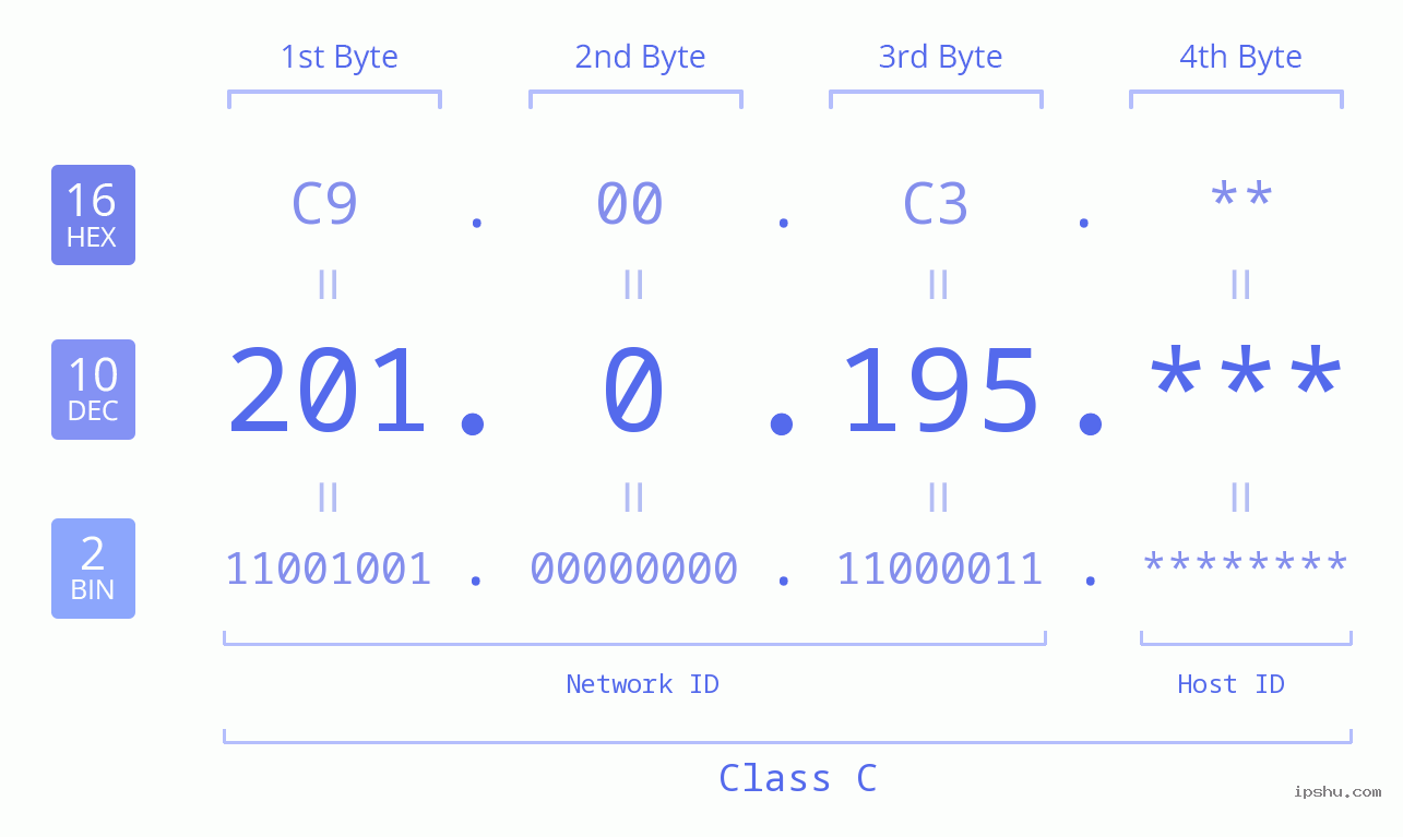 IP Address: 201.0.195 Data Structure Chart BIN DEC HEX IPv4: 201.0.195 Network Class, Net ID, Host ID