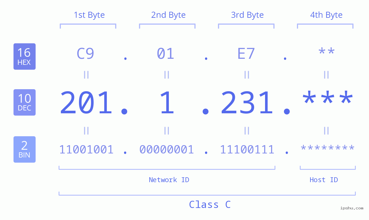 IP Address: 201.1.231 Data Structure Chart BIN DEC HEX IPv4: 201.1.231 Network Class, Net ID, Host ID