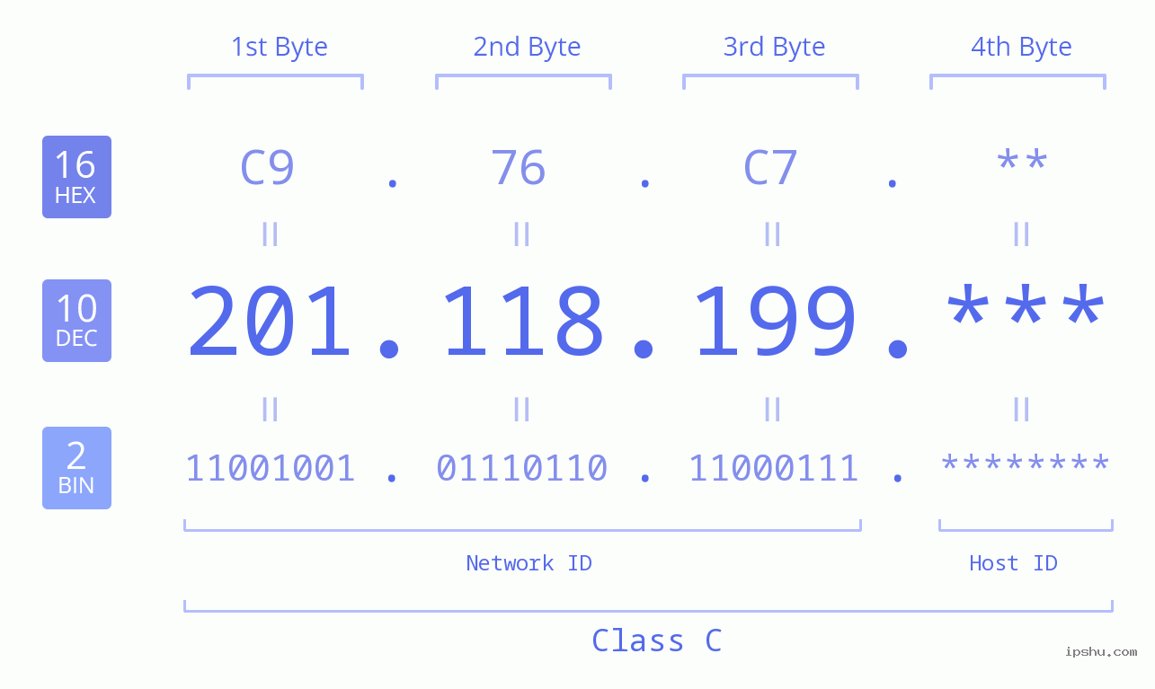IP Address: 201.118.199 Data Structure Chart BIN DEC HEX IPv4: 201.118.199 Network Class, Net ID, Host ID