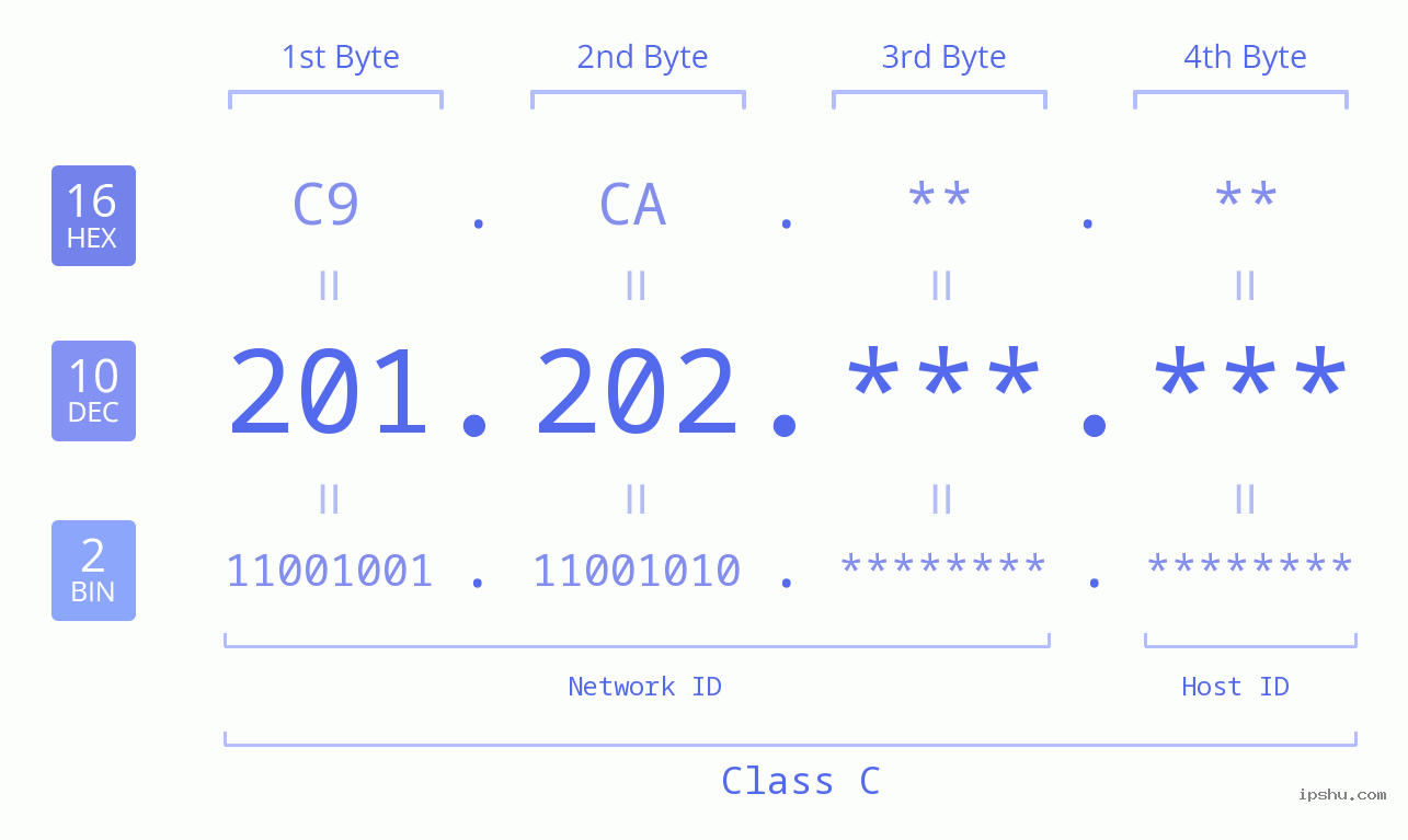 IP Address: 201.202 Data Structure Chart BIN DEC HEX IPv4: 201.202 Network Class, Net ID, Host ID