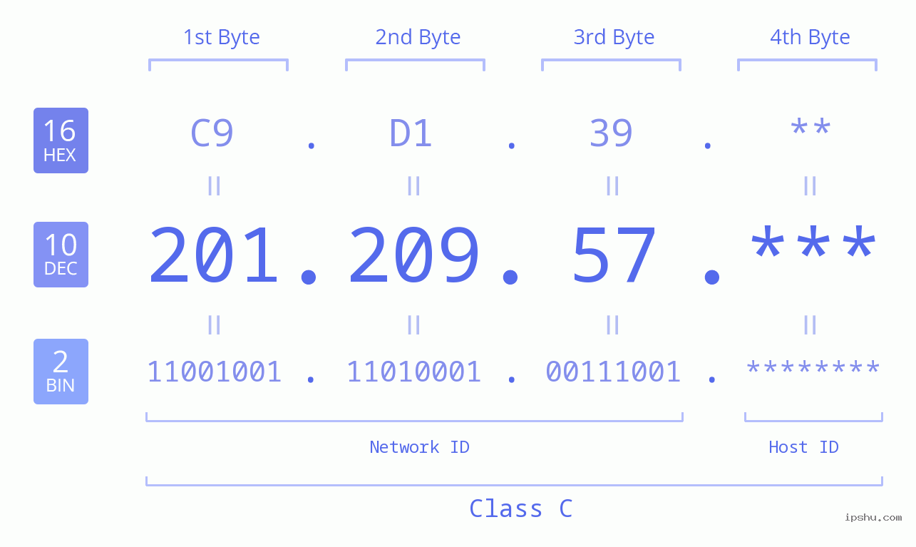 IP Address: 201.209.57 Data Structure Chart BIN DEC HEX IPv4: 201.209.57 Network Class, Net ID, Host ID