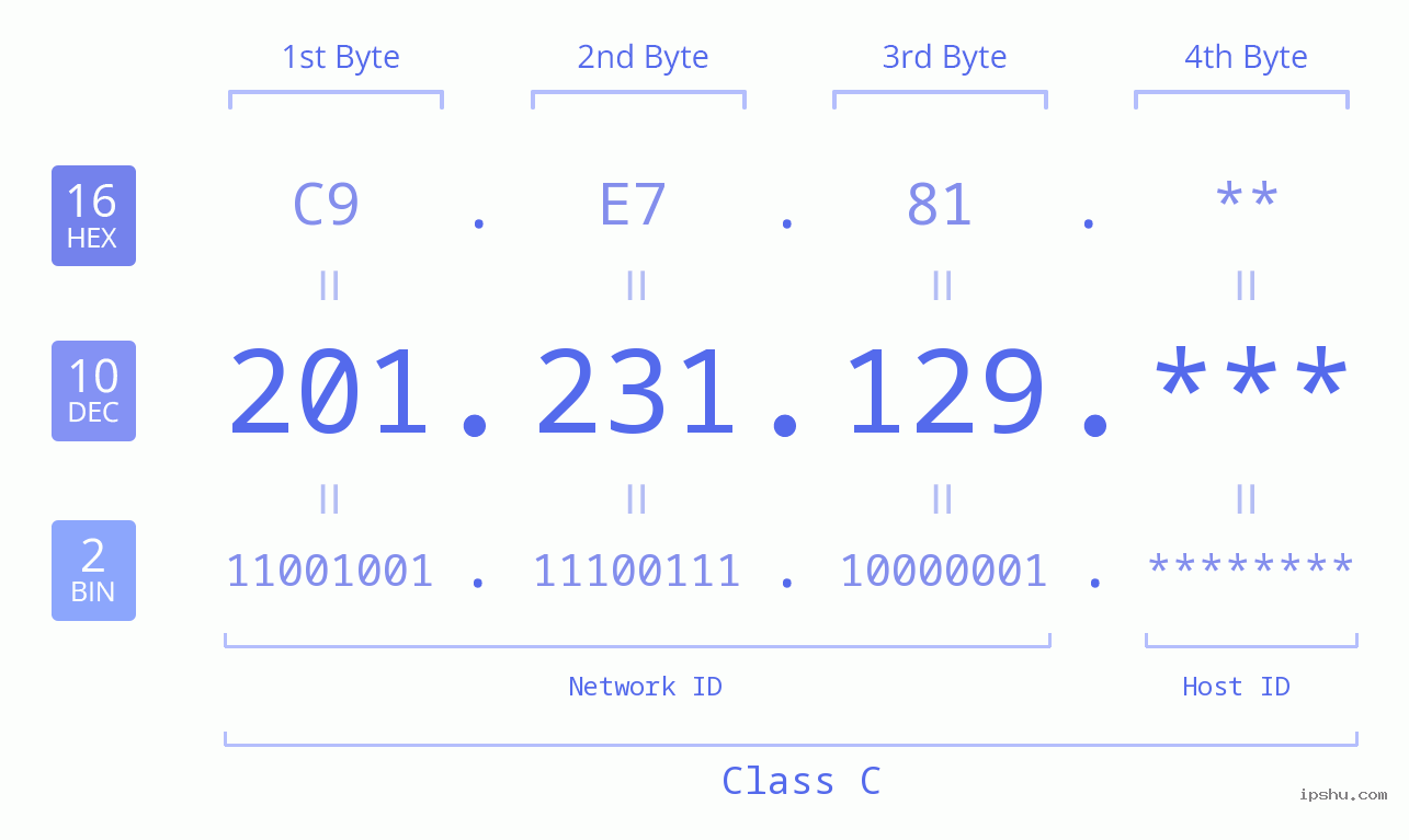 IP Address: 201.231.129 Data Structure Chart BIN DEC HEX IPv4: 201.231.129 Network Class, Net ID, Host ID