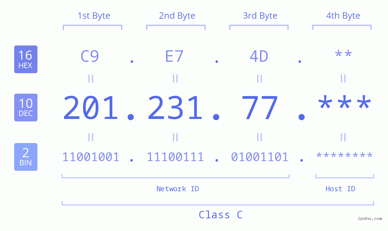 IP Address: 201.231.77 Data Structure Chart BIN DEC HEX IPv4: 201.231.77 Network Class, Net ID, Host ID