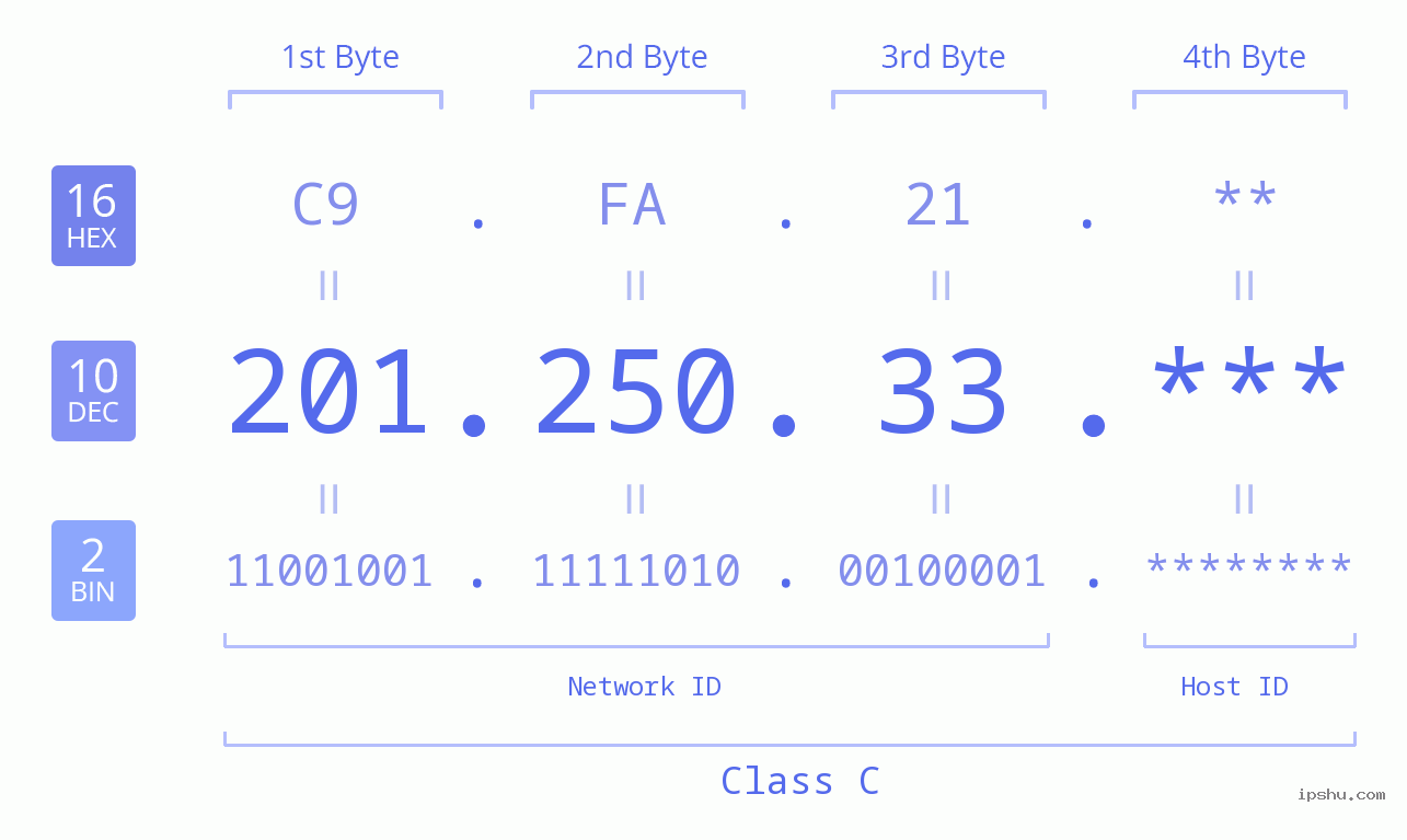 IP Address: 201.250.33 Data Structure Chart BIN DEC HEX IPv4: 201.250.33 Network Class, Net ID, Host ID