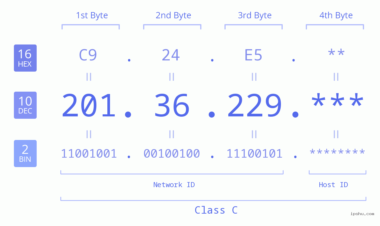 IP Address: 201.36.229 Data Structure Chart BIN DEC HEX IPv4: 201.36.229 Network Class, Net ID, Host ID