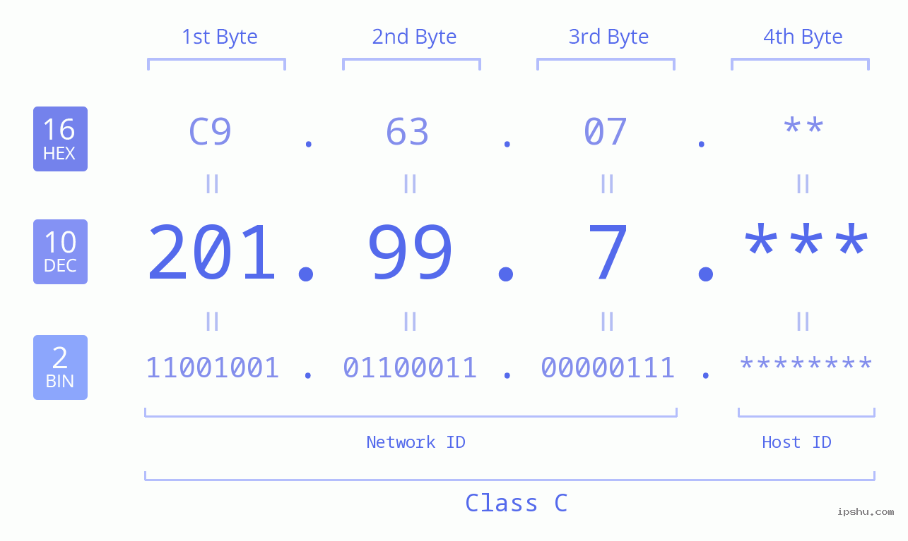 IP Address: 201.99.7 Data Structure Chart BIN DEC HEX IPv4: 201.99.7 Network Class, Net ID, Host ID