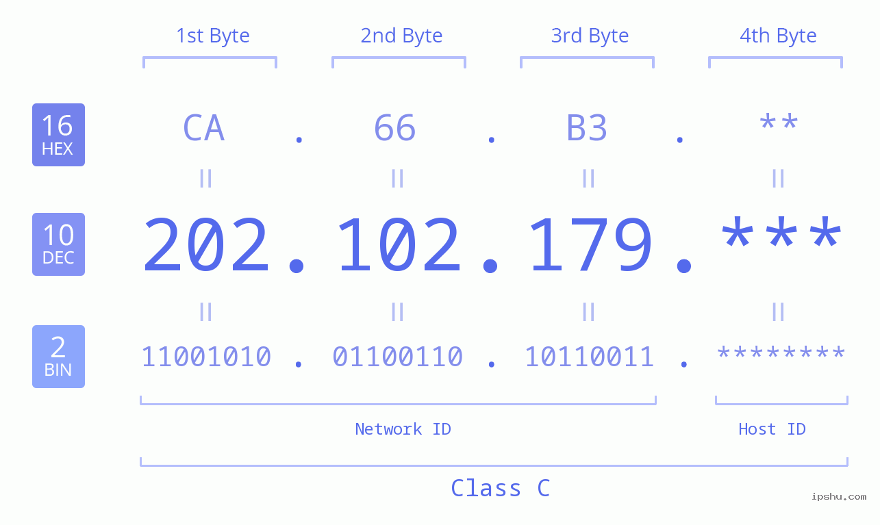 IP Address: 202.102.179 Data Structure Chart BIN DEC HEX IPv4: 202.102.179 Network Class, Net ID, Host ID