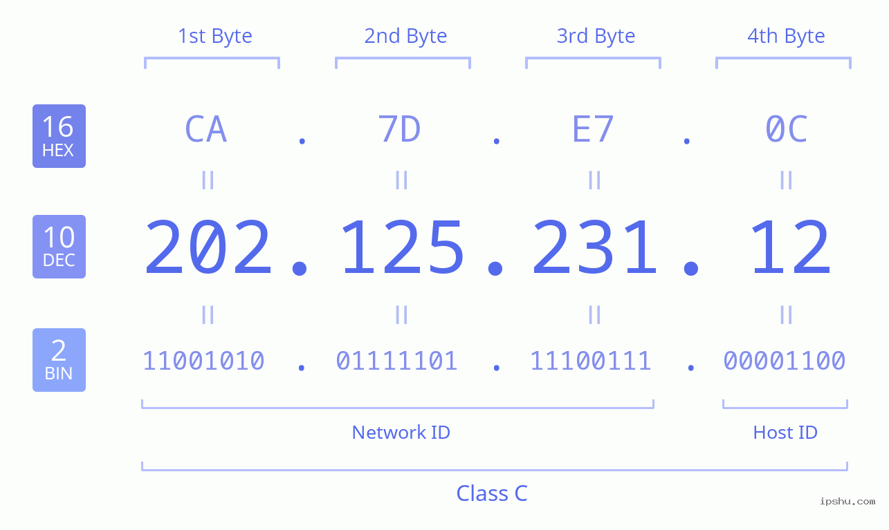 IPv4: 202.125.231.12 Network Class, Net ID, Host ID