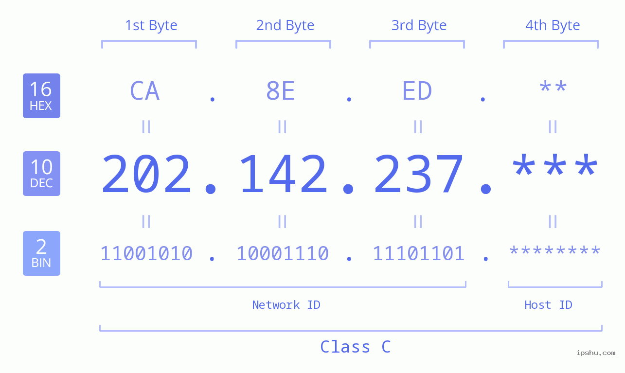 IP Address: 202.142.237 Data Structure Chart BIN DEC HEX IPv4: 202.142.237 Network Class, Net ID, Host ID