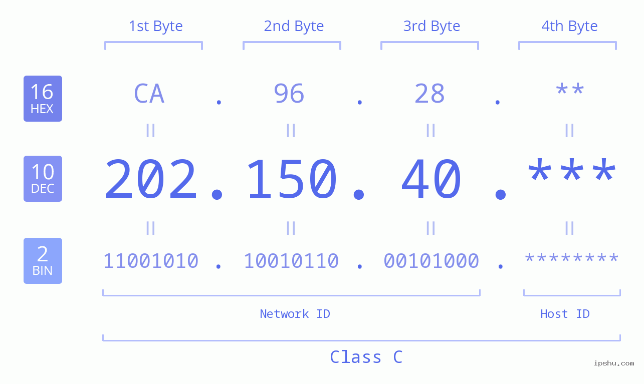IP Address: 202.150.40 Data Structure Chart BIN DEC HEX IPv4: 202.150.40 Network Class, Net ID, Host ID