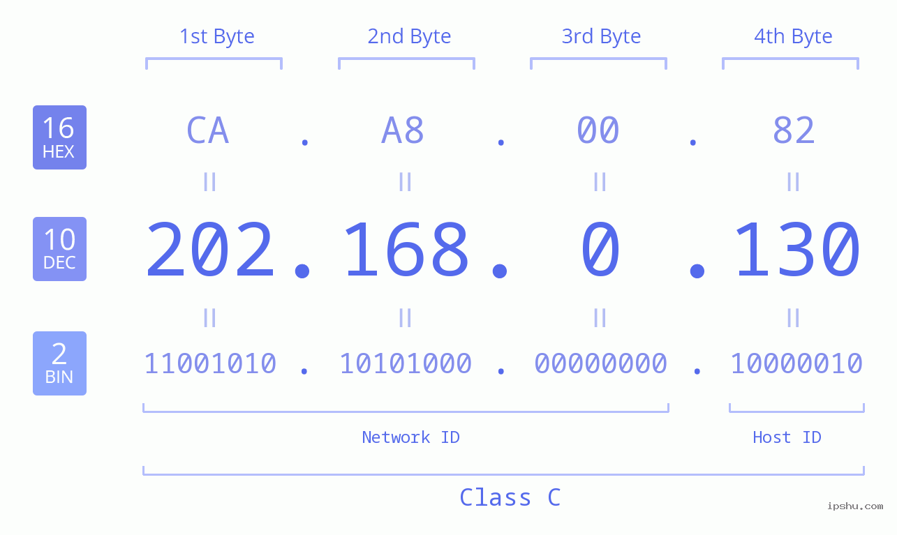 IP Address: 202.168.0.130 Data Structure Chart BIN DEC HEX IPv4: 202.168.0.130 Network Class, Net ID, Host ID