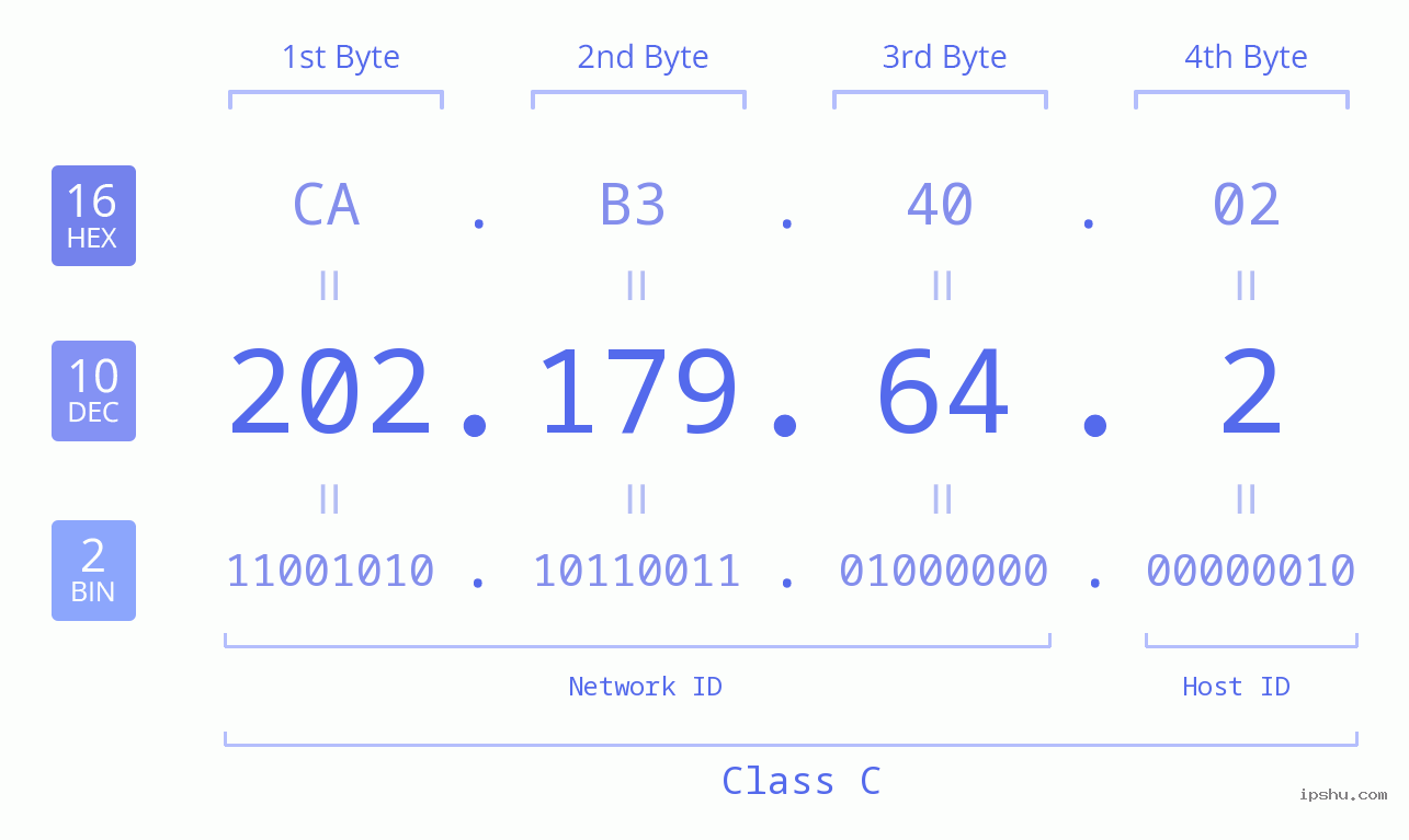 IP Address: 202.179.64.2 Data Structure Chart BIN DEC HEX IPv4: 202.179.64.2 Network Class, Net ID, Host ID