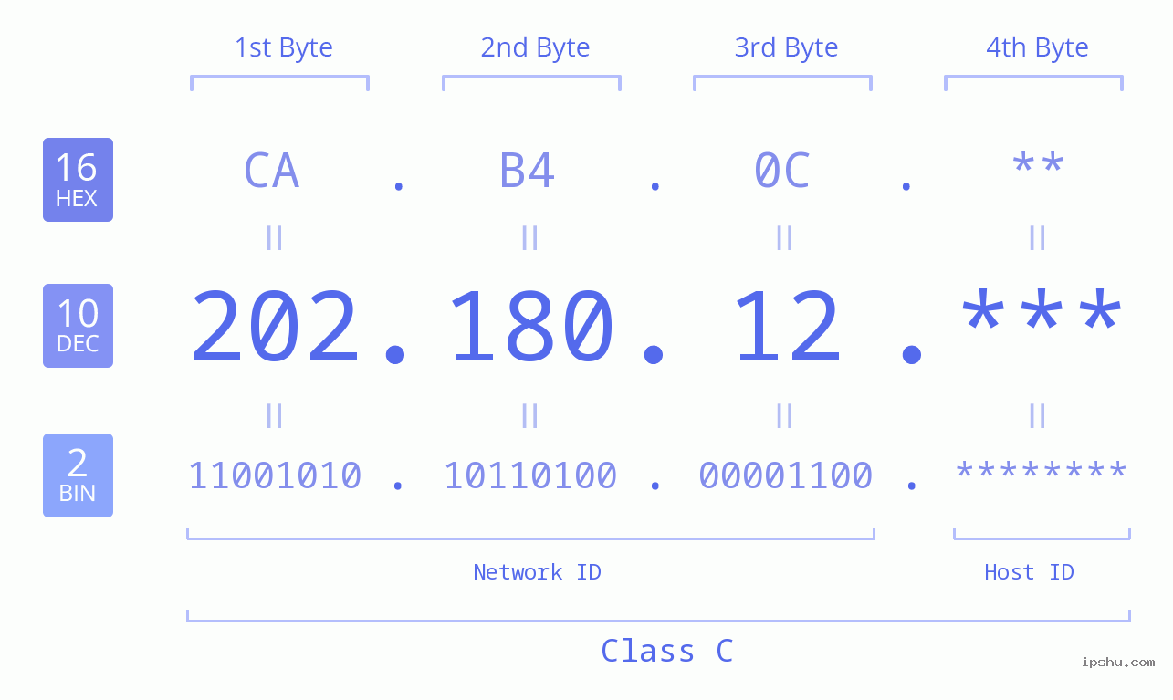 IP Address: 202.180.12 Data Structure Chart BIN DEC HEX IPv4: 202.180.12 Network Class, Net ID, Host ID