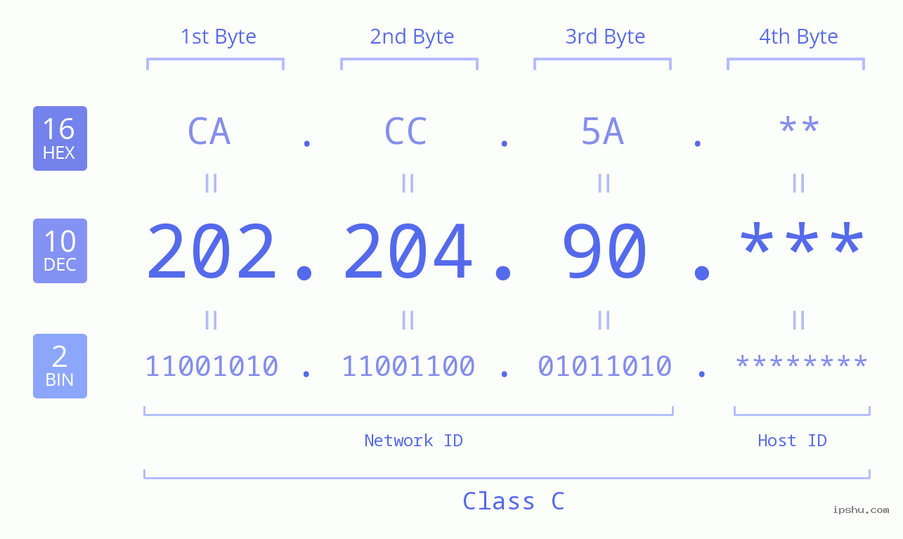 IP Address: 202.204.90 Data Structure Chart BIN DEC HEX IPv4: 202.204.90 Network Class, Net ID, Host ID