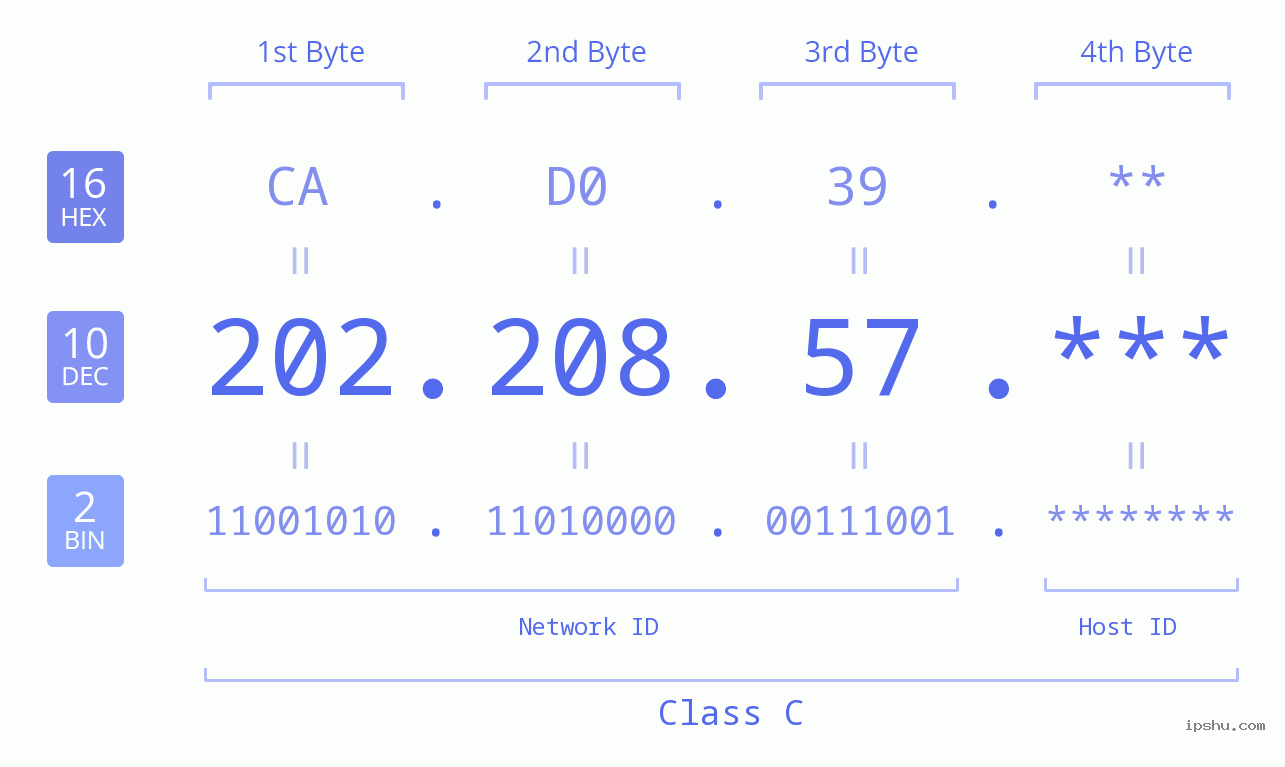 IP Address: 202.208.57 Data Structure Chart BIN DEC HEX IPv4: 202.208.57 Network Class, Net ID, Host ID