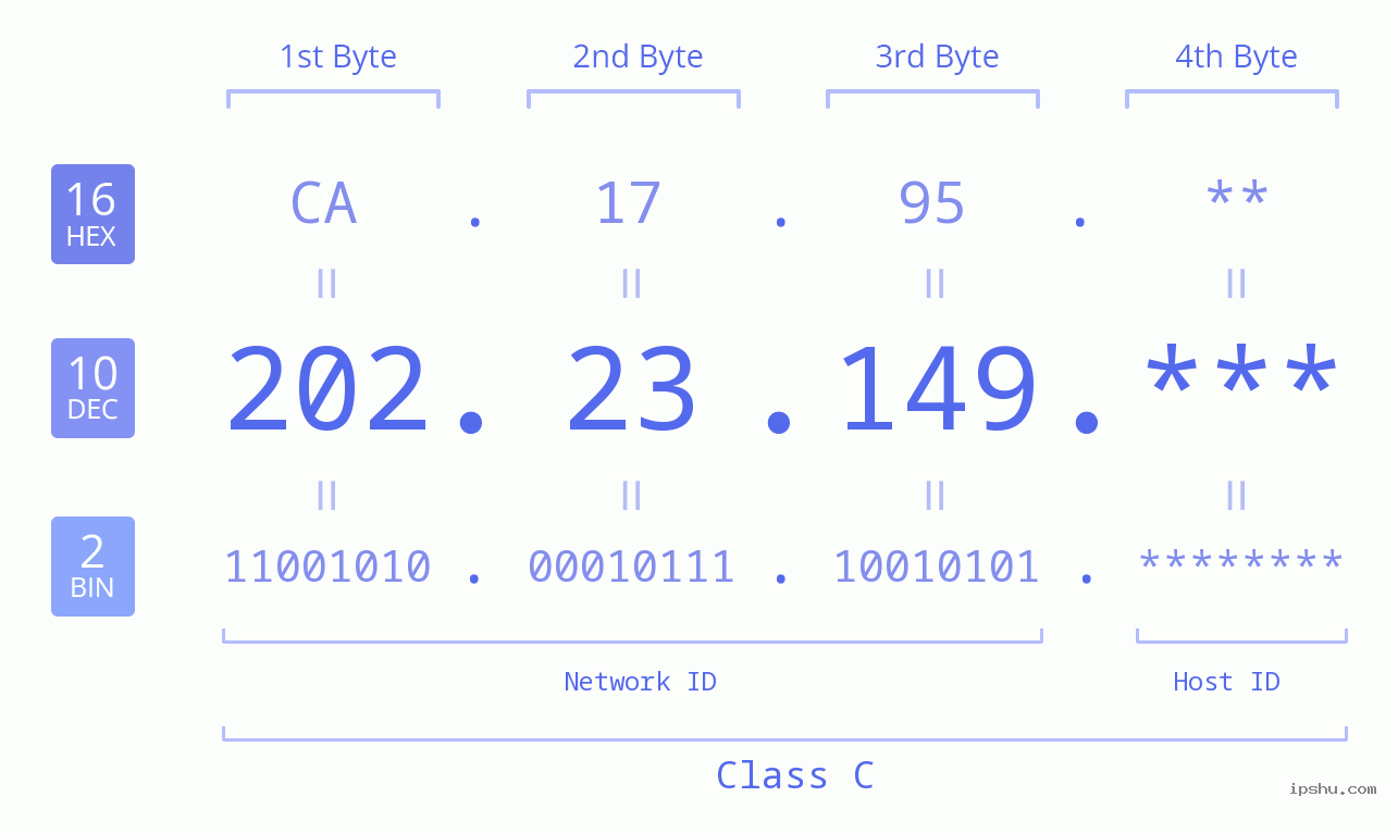 IP Address: 202.23.149 Data Structure Chart BIN DEC HEX IPv4: 202.23.149 Network Class, Net ID, Host ID