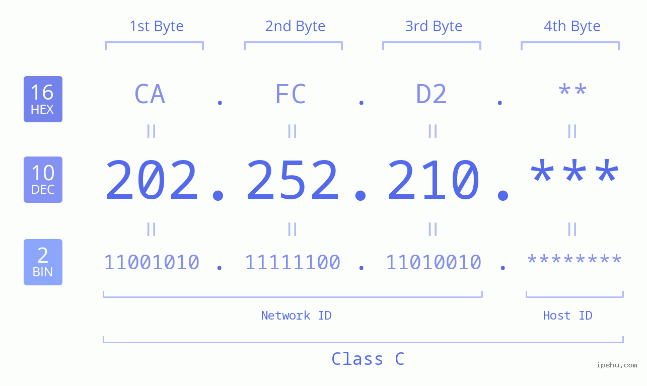 IP Address: 202.252.210 Data Structure Chart BIN DEC HEX IPv4: 202.252.210 Network Class, Net ID, Host ID