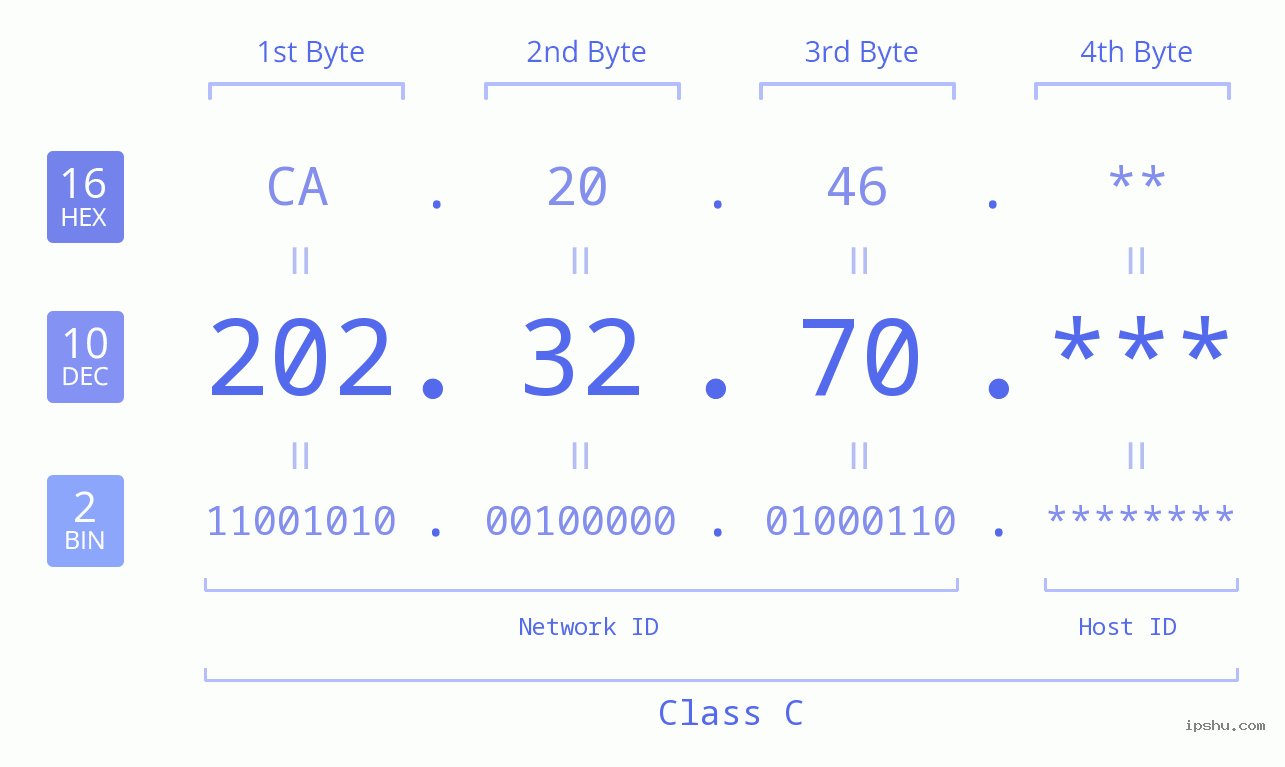 IP Address: 202.32.70 Data Structure Chart BIN DEC HEX IPv4: 202.32.70 Network Class, Net ID, Host ID