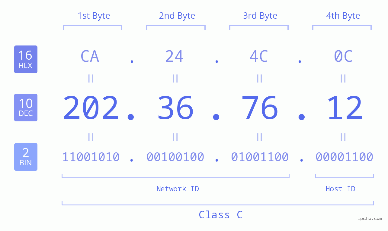 IP Address: 202.36.76.12 Data Structure Chart BIN DEC HEX IPv4: 202.36.76.12 Network Class, Net ID, Host ID