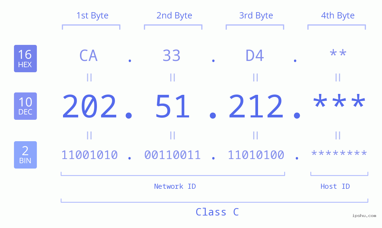 IP Address: 202.51.212 Data Structure Chart BIN DEC HEX IPv4: 202.51.212 Network Class, Net ID, Host ID