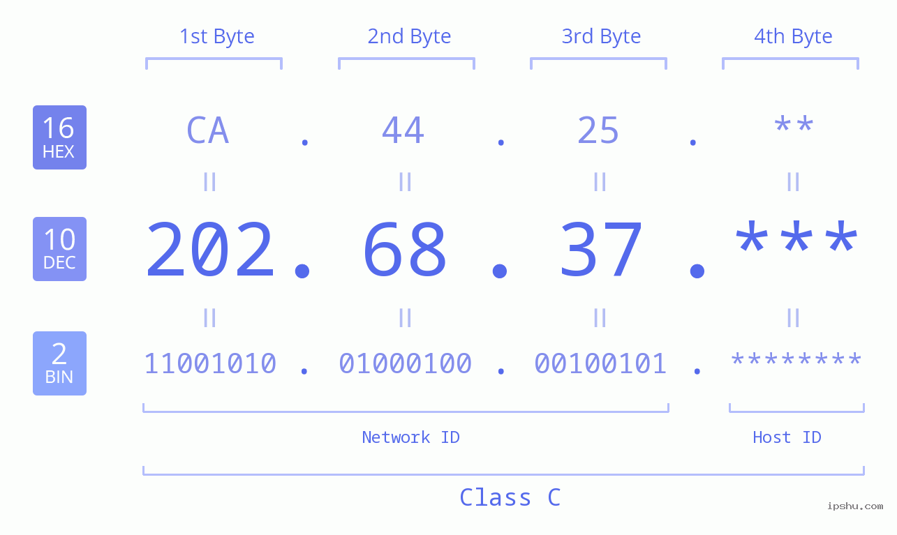 IP Address: 202.68.37 Data Structure Chart BIN DEC HEX IPv4: 202.68.37 Network Class, Net ID, Host ID