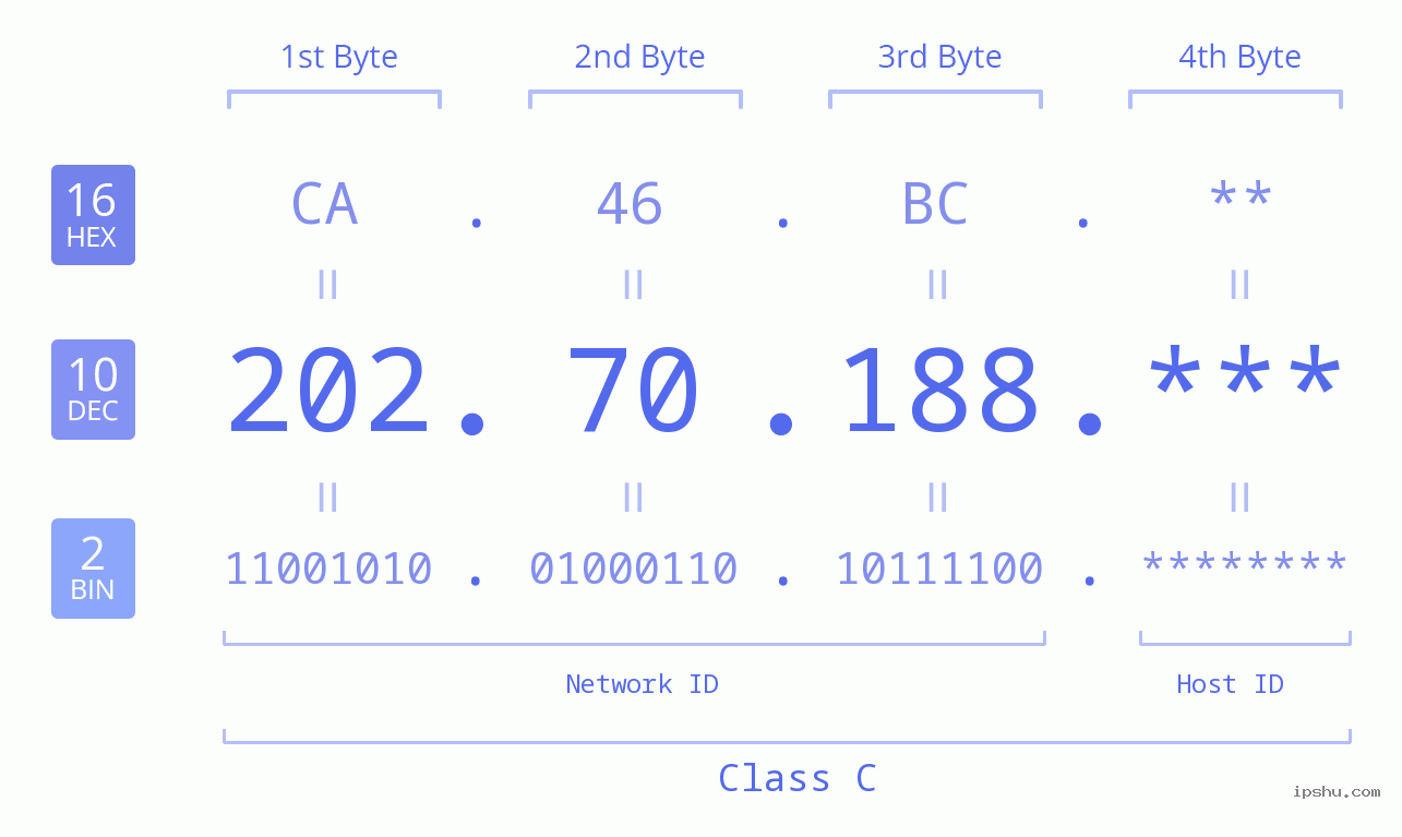 IP Address: 202.70.188 Data Structure Chart BIN DEC HEX IPv4: 202.70.188 Network Class, Net ID, Host ID