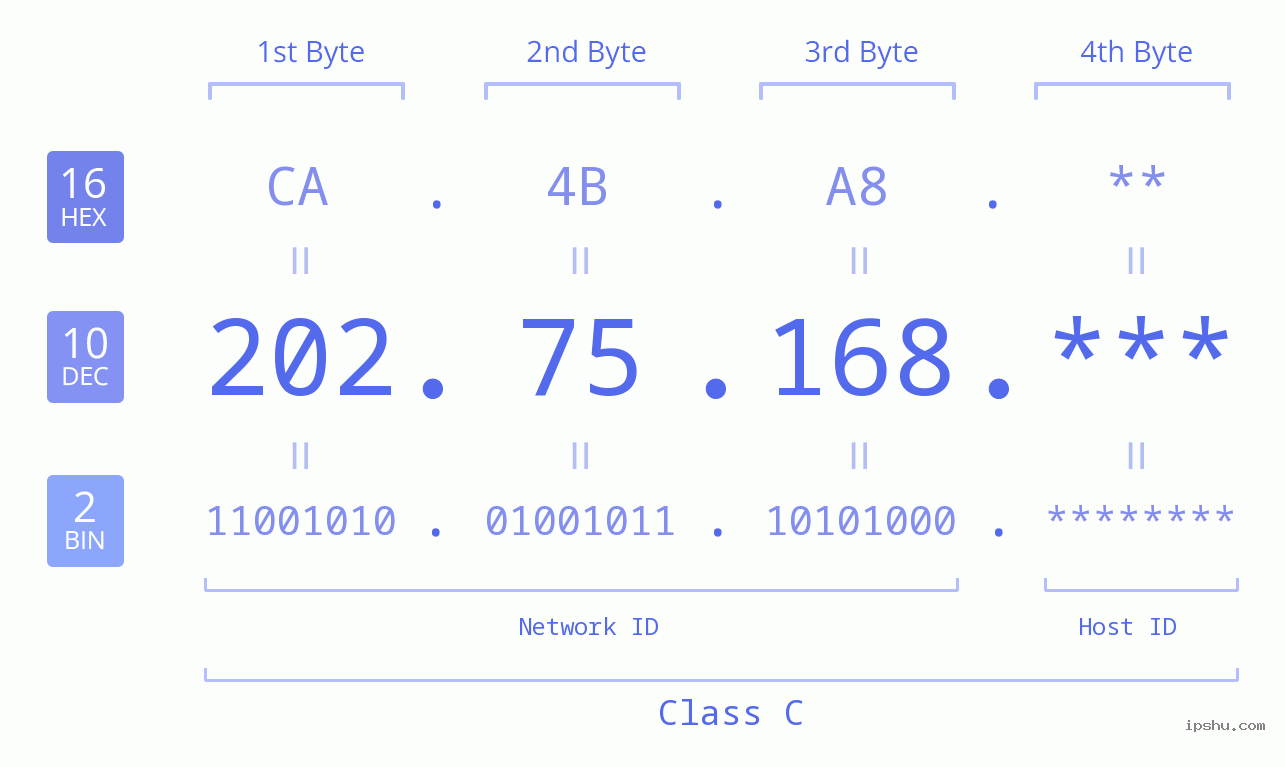 IP Address: 202.75.168 Data Structure Chart BIN DEC HEX IPv4: 202.75.168 Network Class, Net ID, Host ID