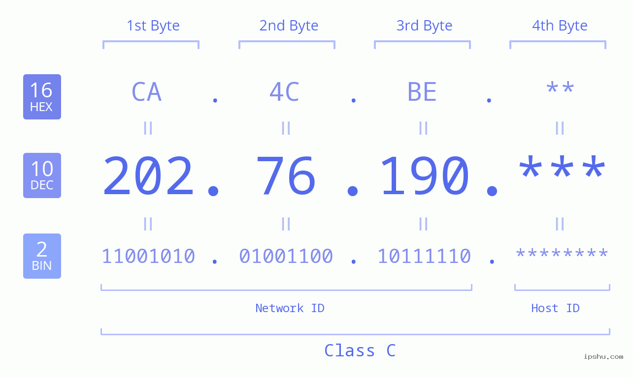IP Address: 202.76.190 Data Structure Chart BIN DEC HEX IPv4: 202.76.190 Network Class, Net ID, Host ID